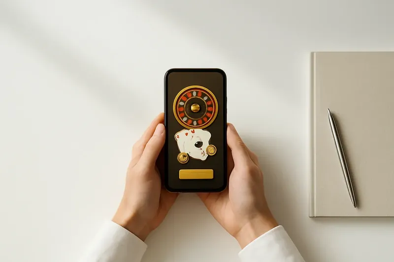 Hands holding phone with casino app above clean white desk