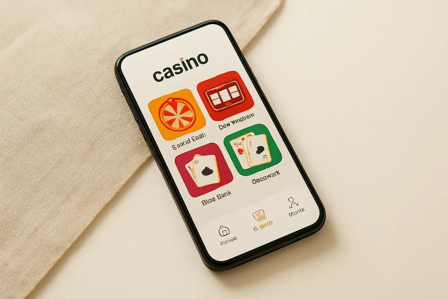 Smartphone displaying light casino app interface on cream background