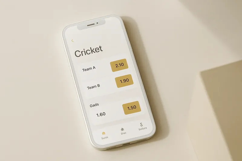 Phone screen showing modern cricket betting odds interface in white and gold