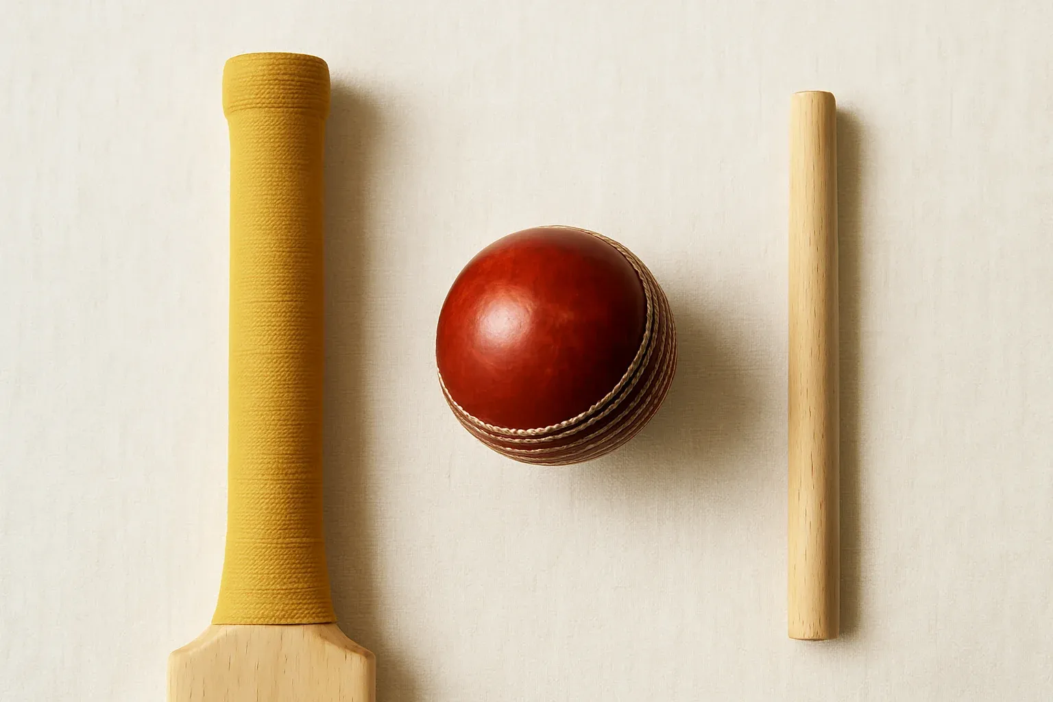Overhead flat lay of cricket ball, bat handle and stump