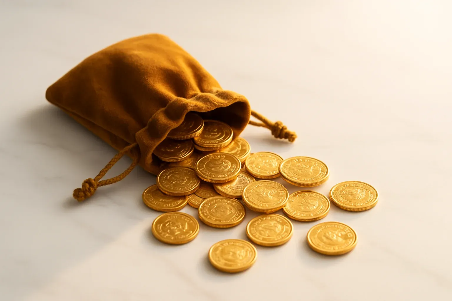 Golden coins spilling from velvet pouch on white marble surface