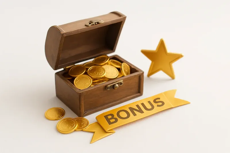 Open treasure box spilling gold coins with star badge and bonus ribbon