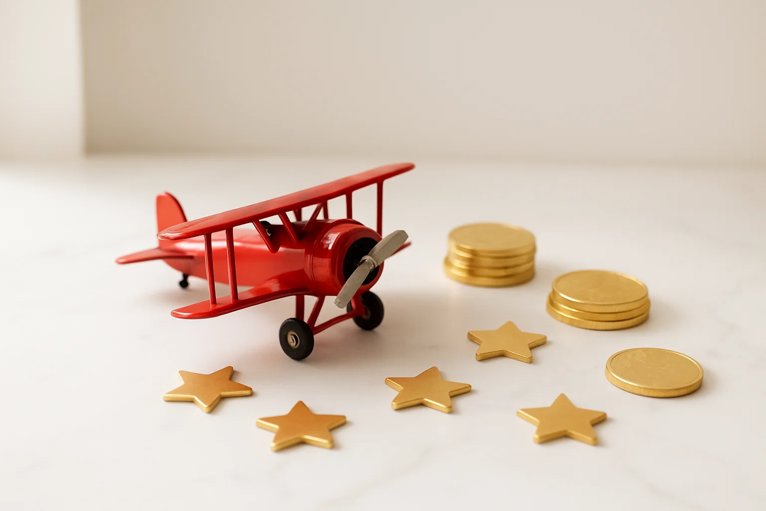 Miniature Red Airplane Miniature red airplane with gold coins and star tokens on marble