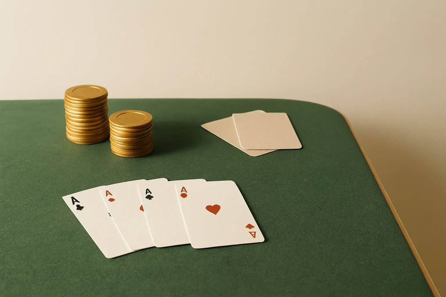 Editorial Casino Table Green felt casino table with arranged cards and stacked gold chips