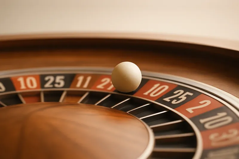 Roulette ball frozen mid-roll on wheel rim with blurred numbers