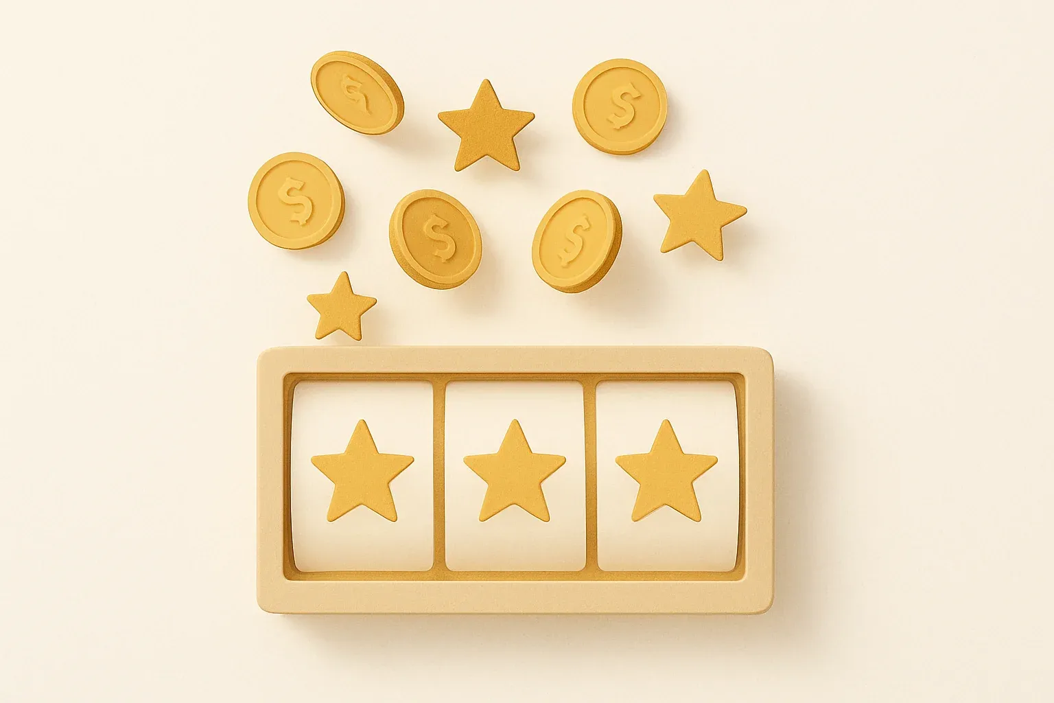 Slot machine jackpot with floating coins and stars on white background